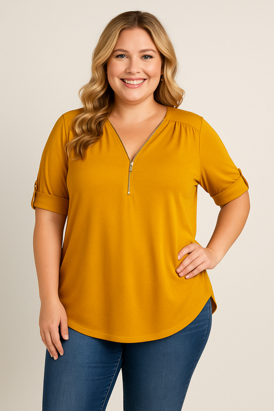 Caro Blouse – Chiffon Pullover with Deep V-Neck and Zipper Detail
